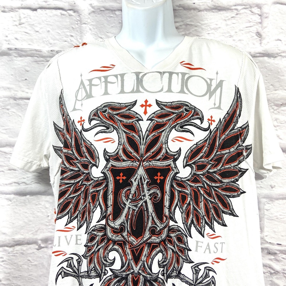Affliction T-Shirt Men's Large White Live Fast Graphic Short Sleeves Y2K - Picture 2 of 11